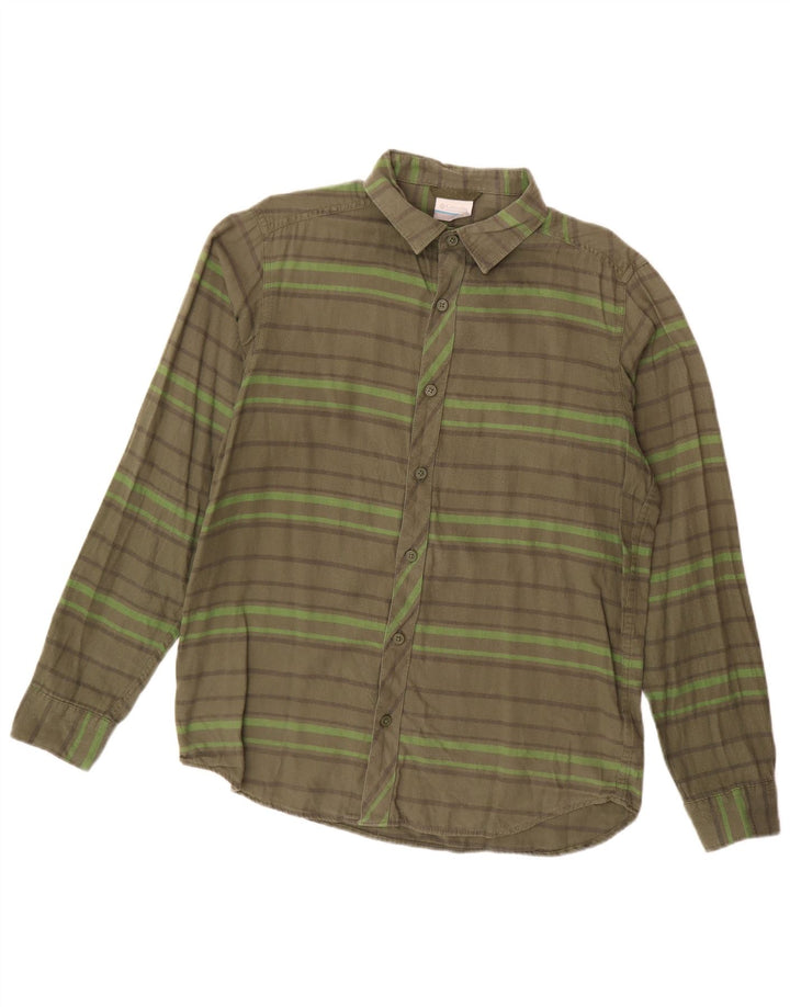 Camisa masculina de flanela Columbia pequena listrada cáqui de algodão