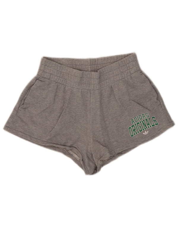 Shorts esportivos gráficos femininos Adidas UK 8/10 pequeno algodão manchado cinza