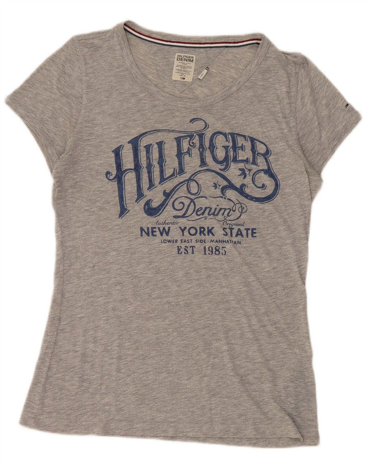 Camiseta feminina Tommy Hilfiger com estampa gráfica UK 14 grande poliéster cinza