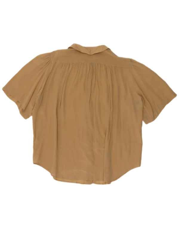 Blusa feminina vintage de manga curta oversized UK16 grande seda cáqui