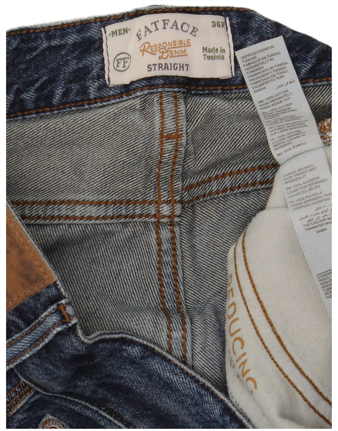Calça jeans reta masculina Fat Face W36 L32 algodão azul