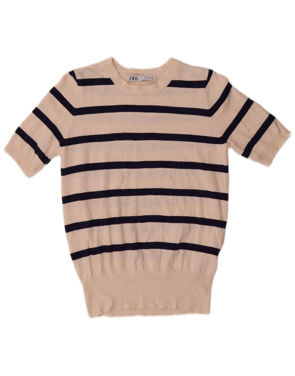 Zara Suéter feminino com gola canoa e listrado branco pequeno, Reino Unido 10