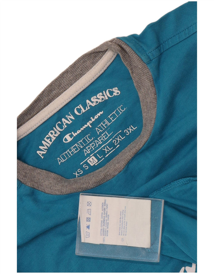 Camiseta masculina com estampa gráfica Champion, algodão colorblock azul médio