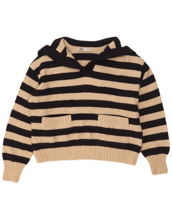 Suéter feminino Zara com gola polo grande e listrado pequeno bege Reino Unido 10