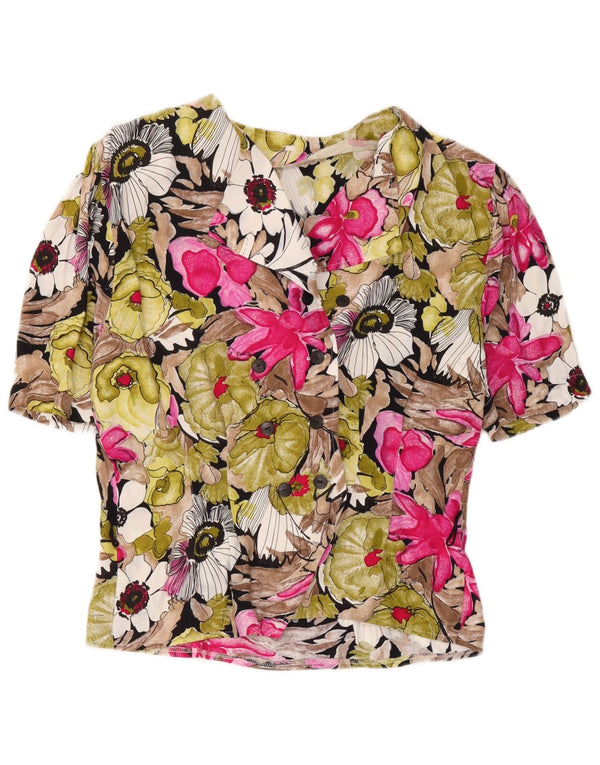 Blusa feminina vintage de manga curta UK 14 média floral multicolorida
