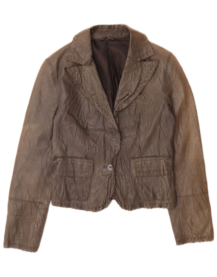Jaqueta blazer feminina de couro com 2 botões Stefanel IT 40 couro cinza pequeno