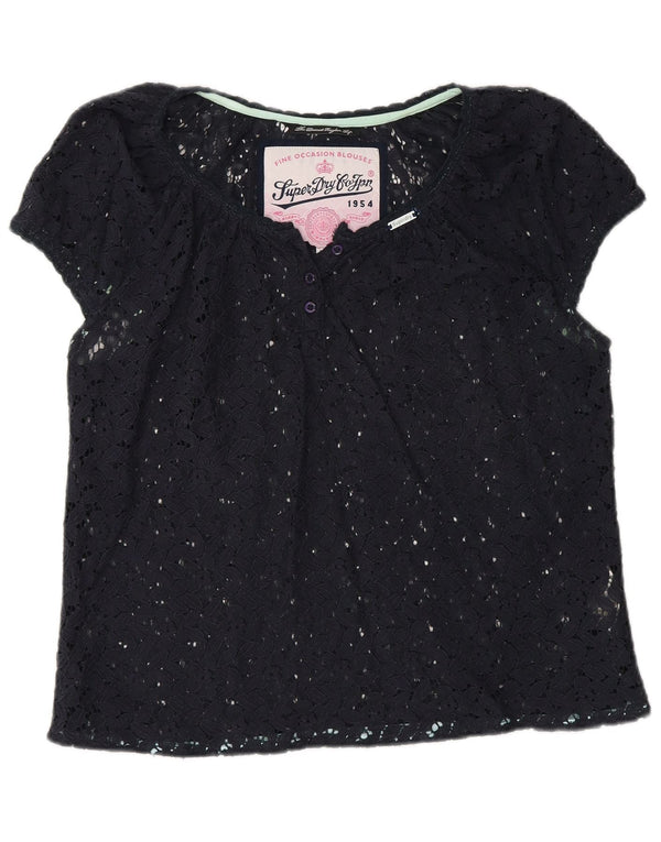 Blusa feminina Superdry de renda transparente Reino Unido 16 grande algodão azul marinho