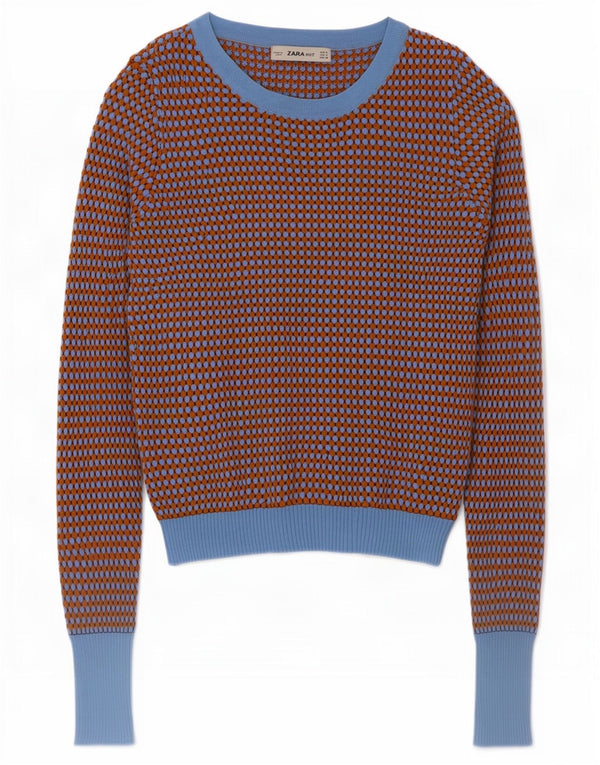 Zara Suéter feminino cropped com gola canoa Reino Unido 8 pequeno bloco colorido marrom