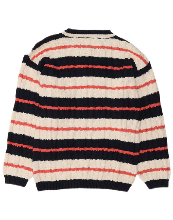 Suéter vintage masculino com gola canoa listrado médio multicolorido