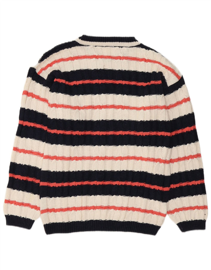 Suéter vintage masculino com gola canoa listrado médio multicolorido