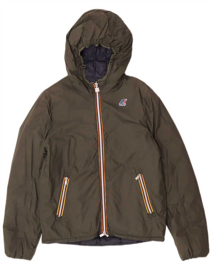 Jaqueta masculina acolchoada reversível com capuz K-Way UK 38 poliamida verde médio
