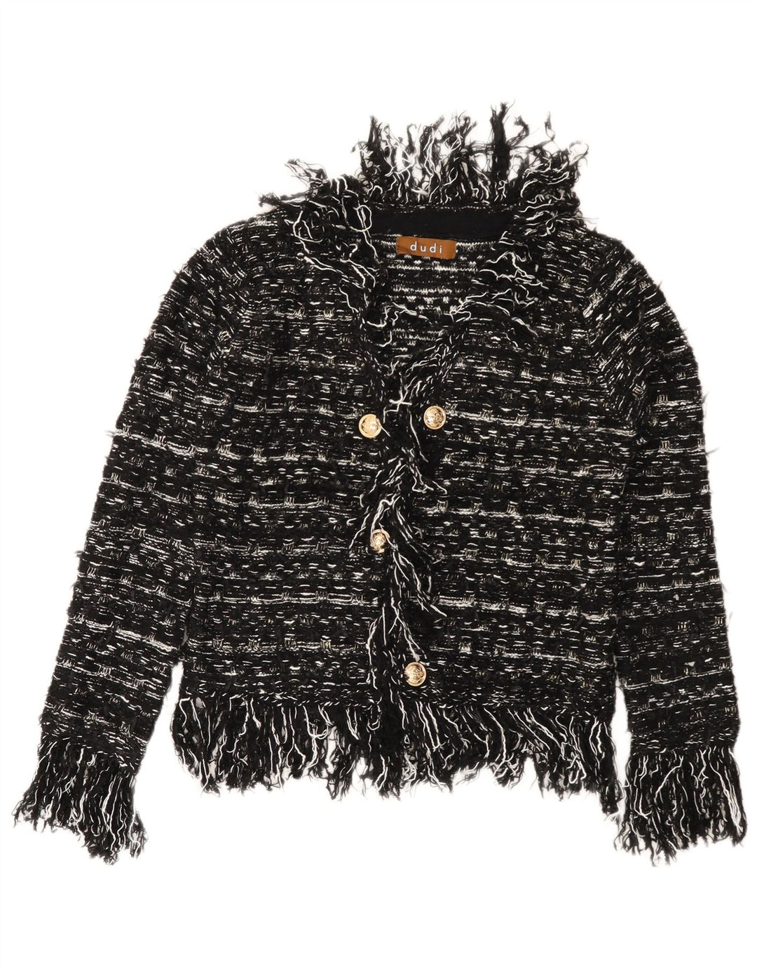 Suéter cardigã feminino VINTAGE Reino Unido 10 pequeno acrílico listrado preto