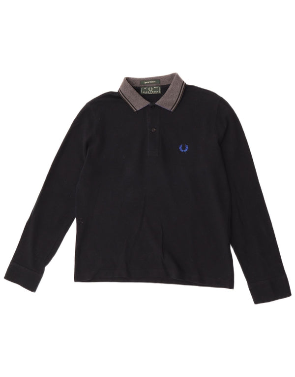 Camisa polo masculina de rugby de manga comprida Fred Perry pequena de algodão preto