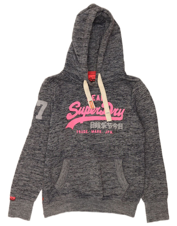Suéter com capuz gráfico feminino Superdry UK 16 grande algodão manchado cinza