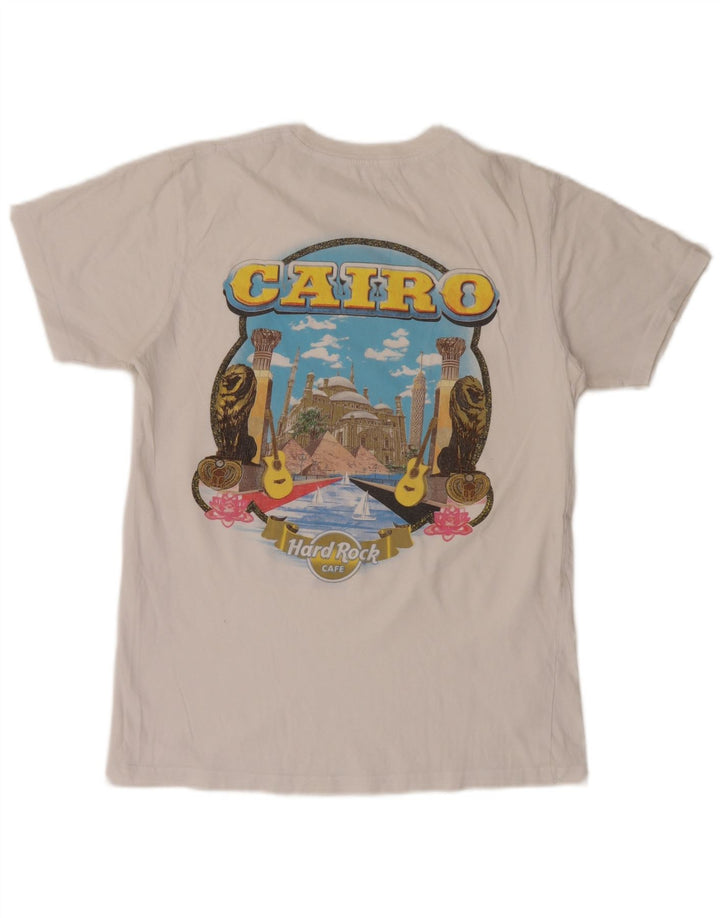 Camiseta masculina Hard Rock Cafe Cairo com estampa gráfica de algodão branco médio