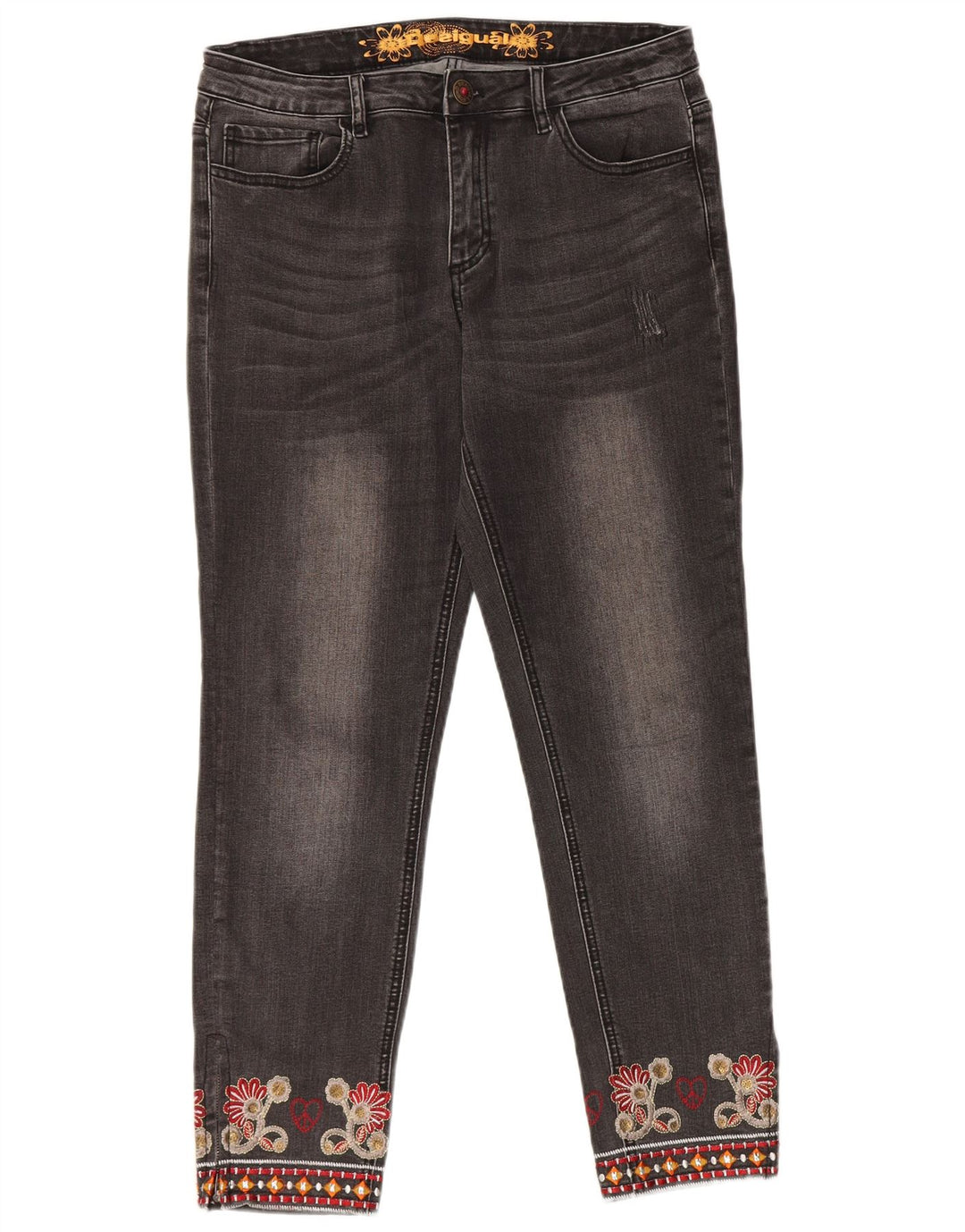 Jeans retos femininos Desigual W32 L28 cinza floral