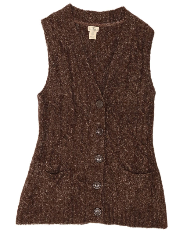 Suéter cardigã feminino sem mangas L.L.Bean Reino Unido 16 grande marrom manchado