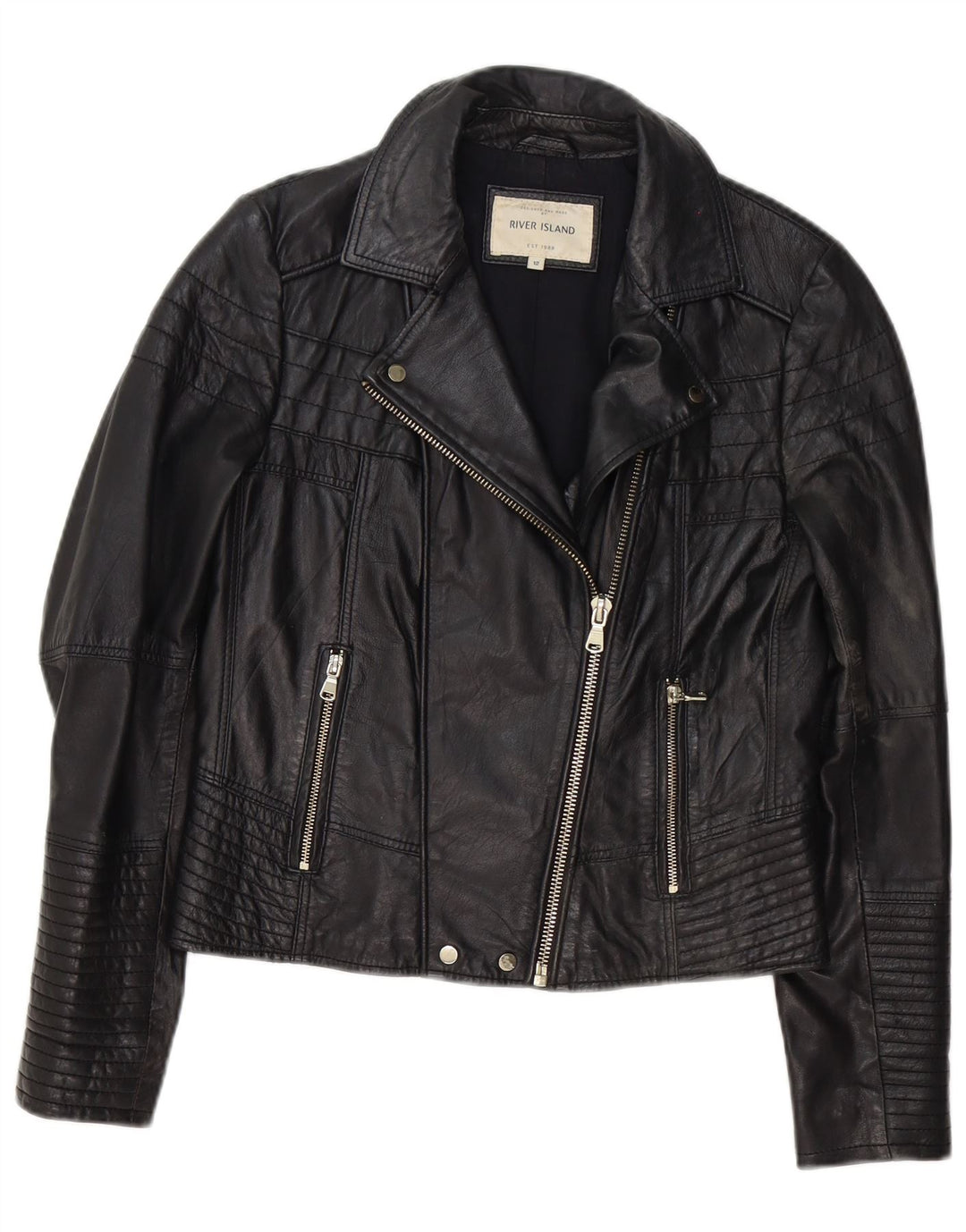 Jaqueta feminina de couro para motociclista River Island Reino Unido 12 médio preto