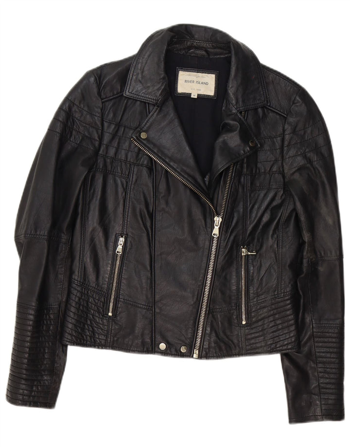 Jaqueta feminina de couro para motociclista River Island Reino Unido 12 médio preto