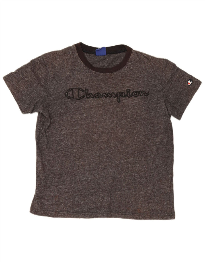 Camiseta feminina grande com estampa Champion UK 10 pequena cinza manchada