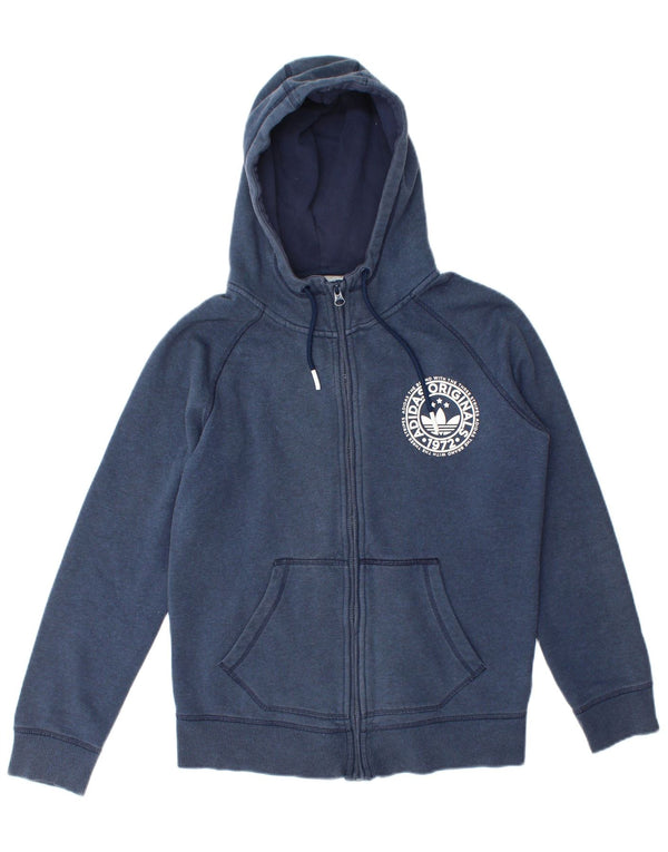 Suéter feminino Adidas com capuz e zíper gráfico UK 14 algodão azul marinho médio