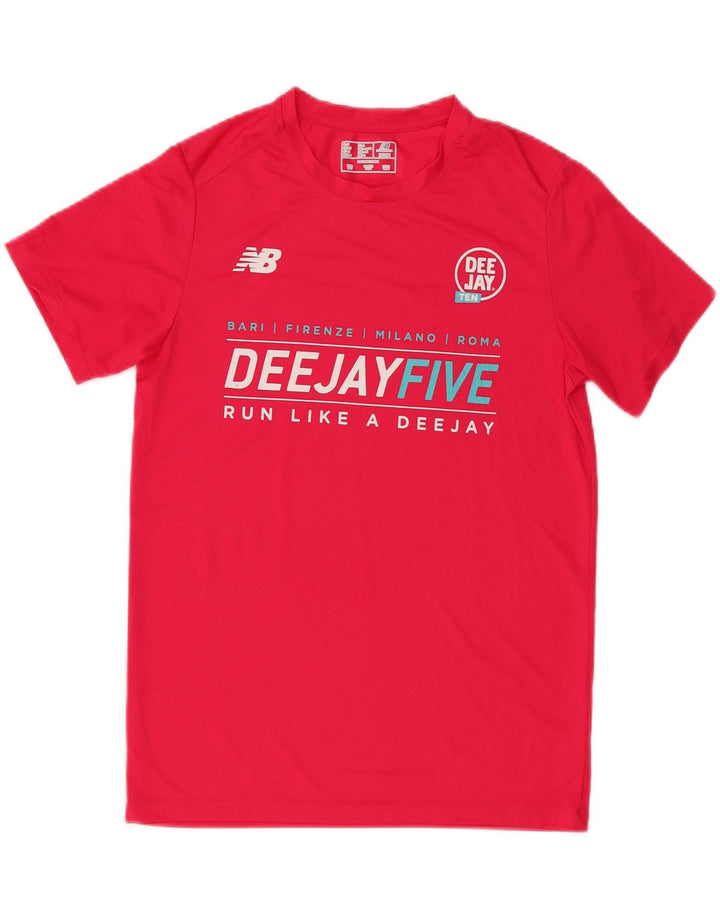 Camiseta gráfica feminina New Balance UK 14 poliéster rosa médio