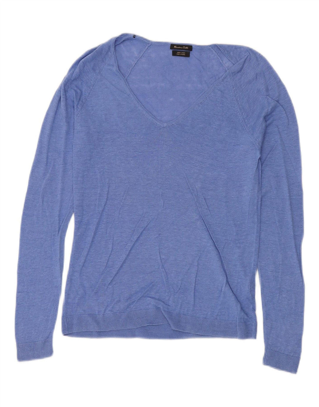 Suéter feminino Massimo Dutti com decote em V UK 12 linho azul médio