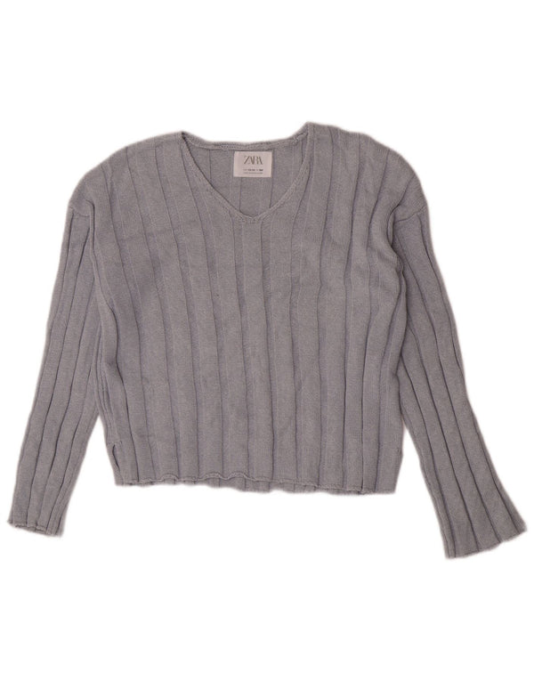 Suéter Zara Girls Crop com decote em V 13-14 anos algodão azul