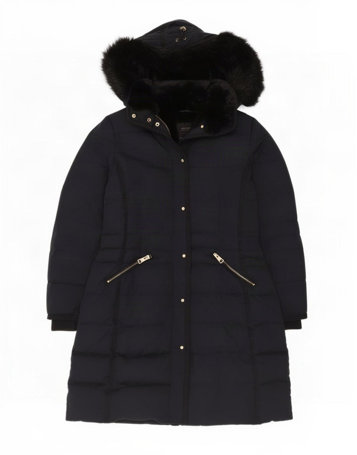 Casaco acolchoado com capuz feminino Zara UK 16 grande poliéster azul marinho