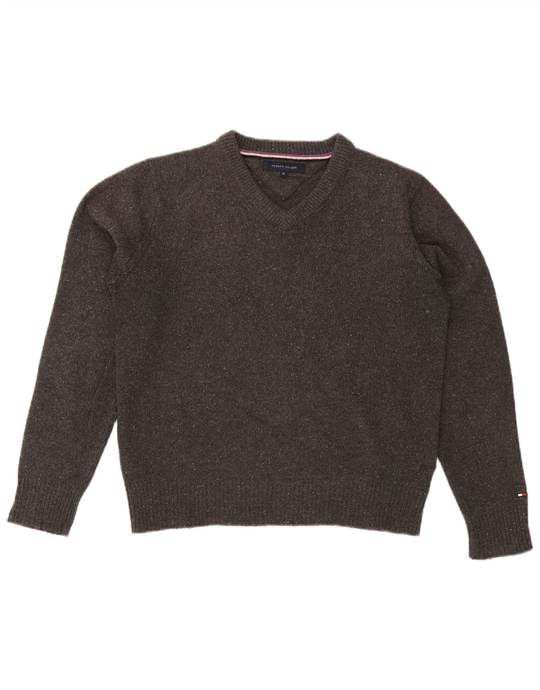 Suéter masculino Tommy Hilfiger com decote em V de lã manchada cinza médio