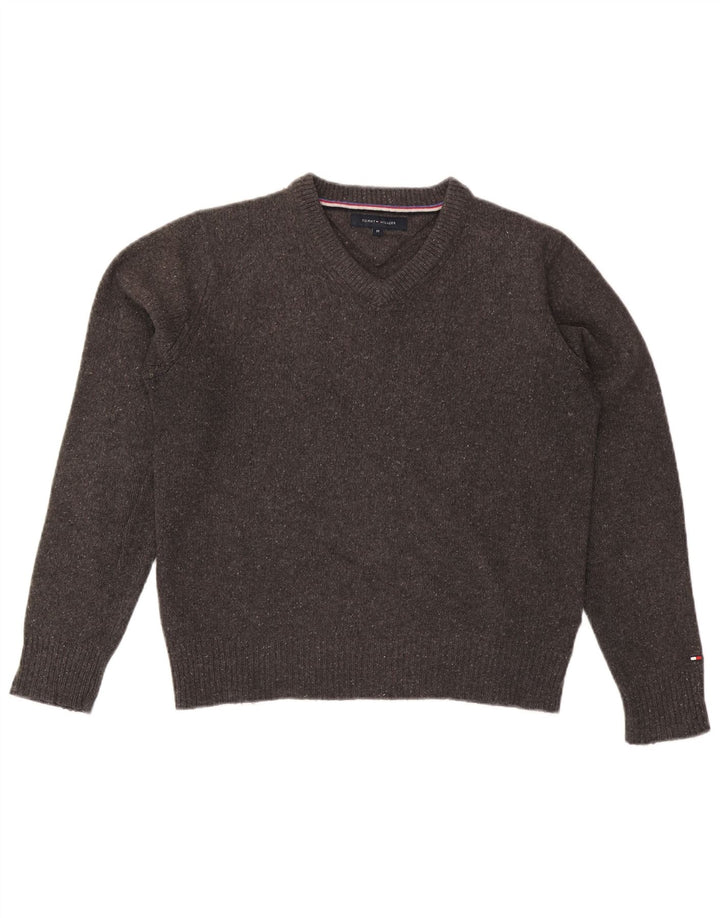 Suéter masculino Tommy Hilfiger com decote em V de lã manchada cinza médio