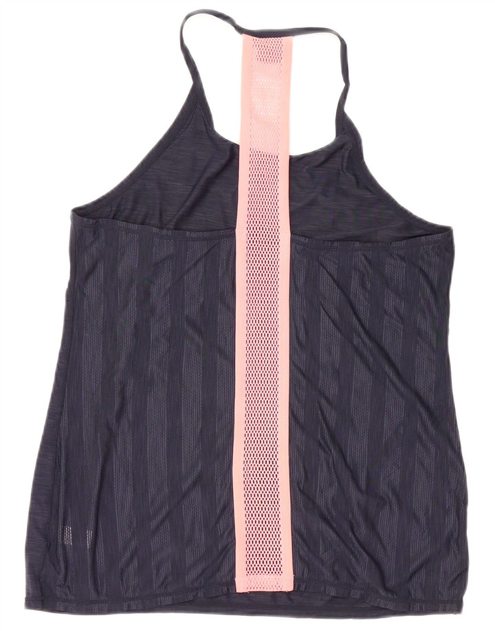Colete feminino Athleta UK 12 poliéster manchado azul marinho médio
