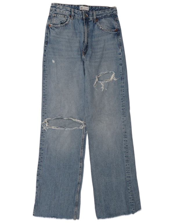 Zara Jeans feminino de cintura alta desgastado UE 38 pequeno W28 L34 algodão azul