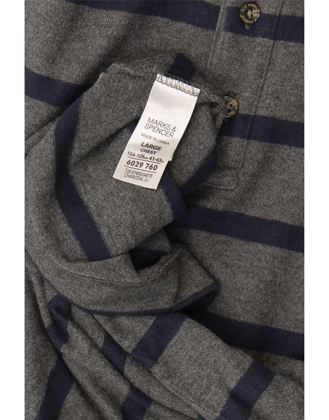 Camisa polo masculina de manga comprida Marks & Spencer grande algodão listrado cinza