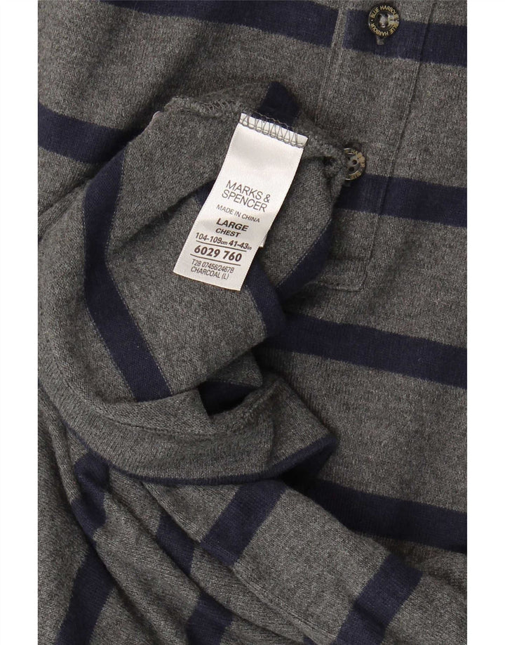 Camisa polo masculina de manga comprida Marks & Spencer grande algodão listrado cinza