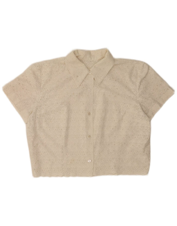 Blusa feminina vintage manga curta curta UK 14 médio branco floral