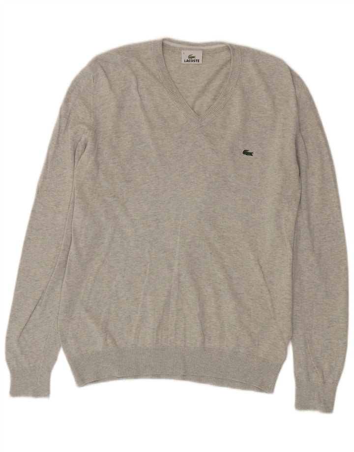 Suéter masculino Lacoste com decote em V tamanho 5 grande algodão manchado cinza