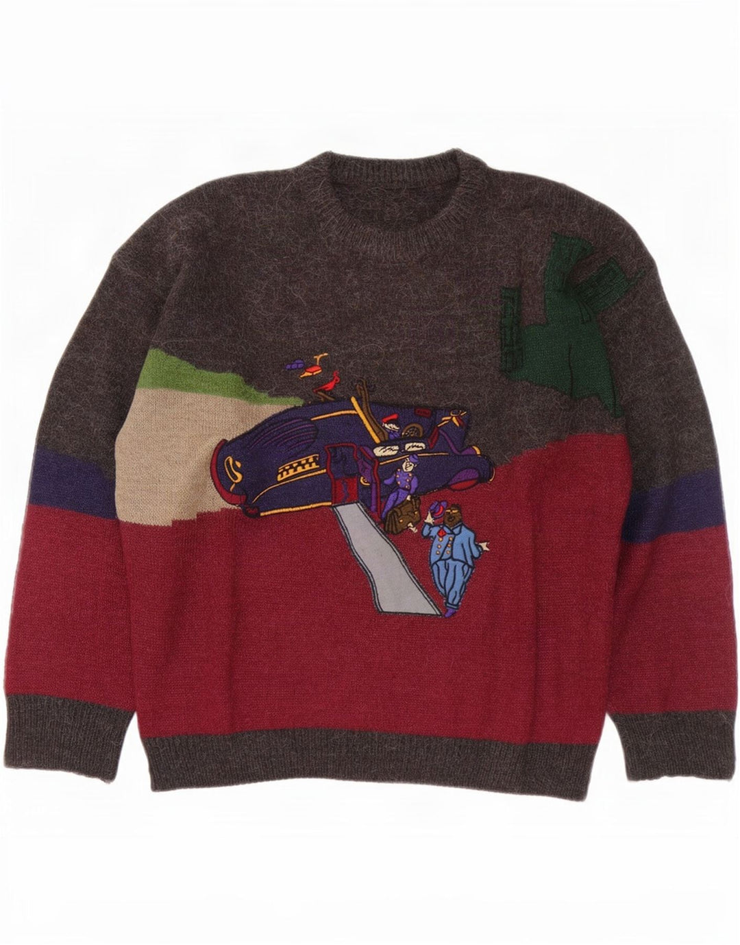 Suéter vintage masculino com gola redonda, grande bloco colorido multicolorido
