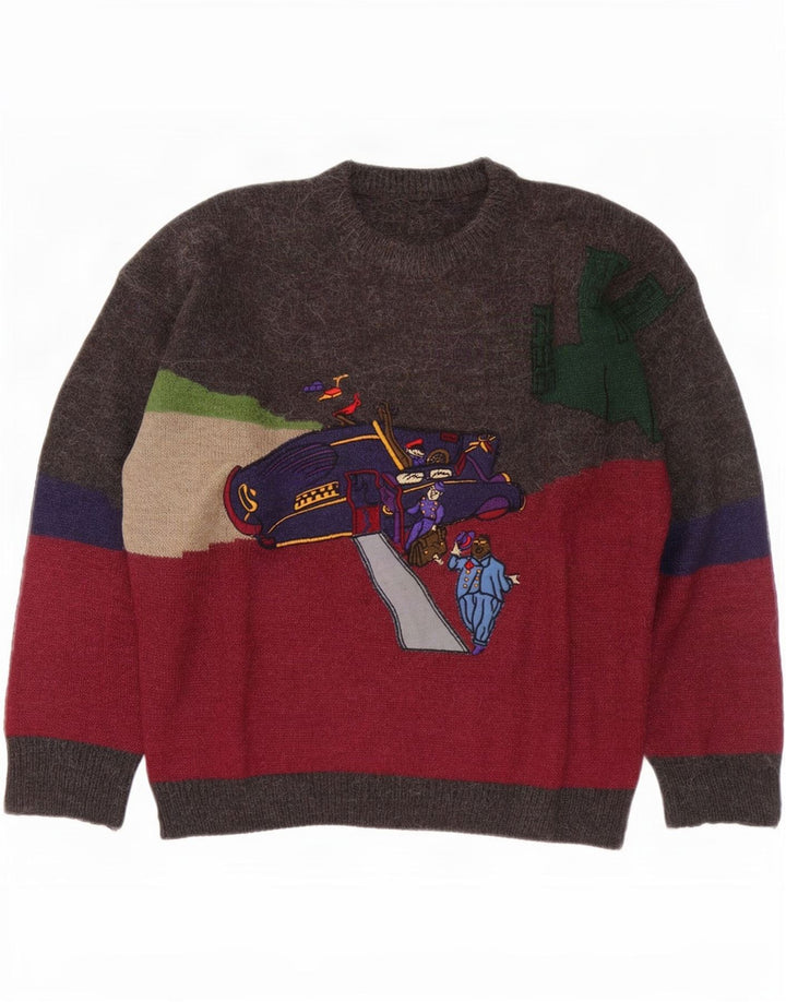Suéter vintage masculino com gola redonda, grande bloco colorido multicolorido