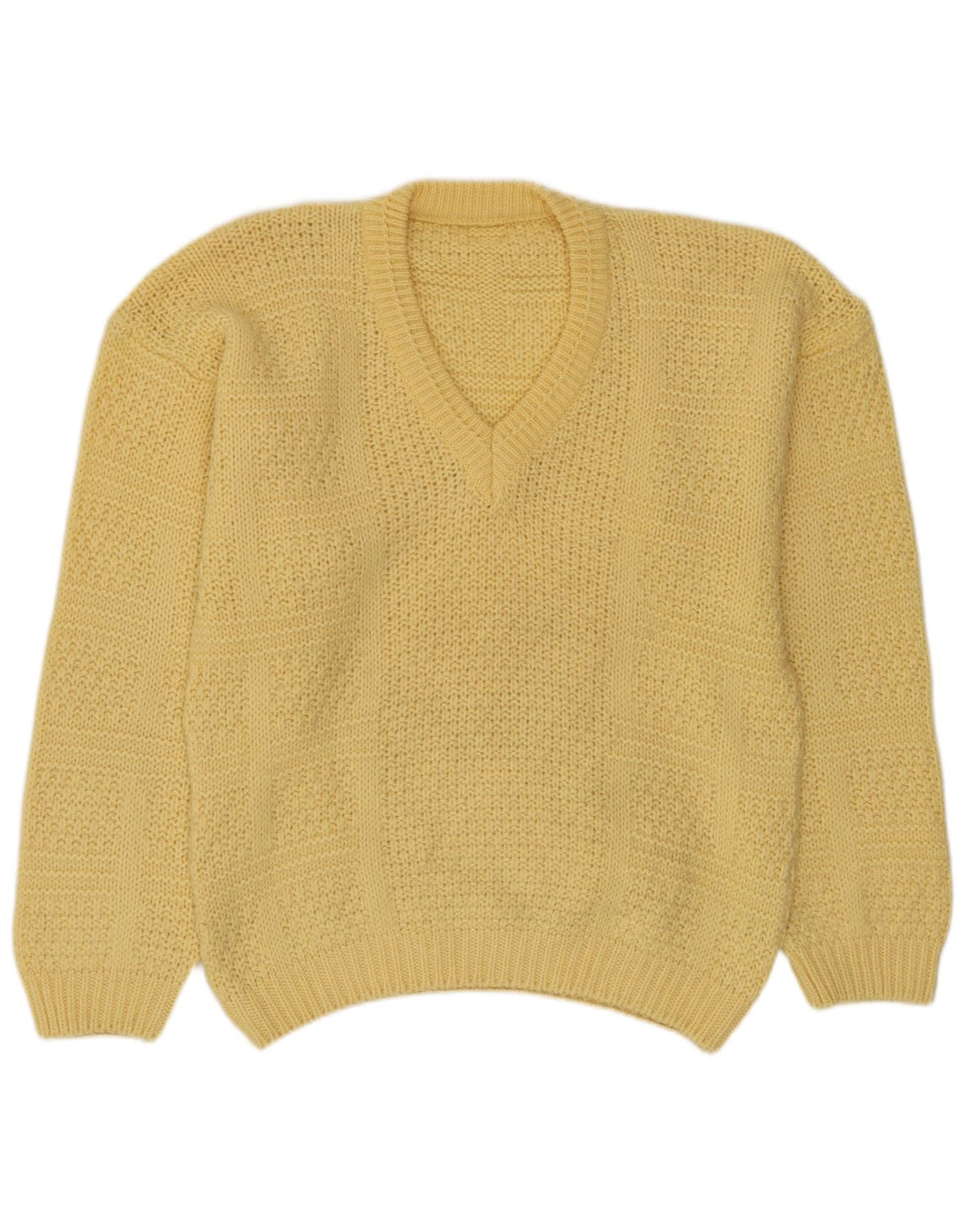 Suéter masculino vintage com decote em V de lã amarela média
