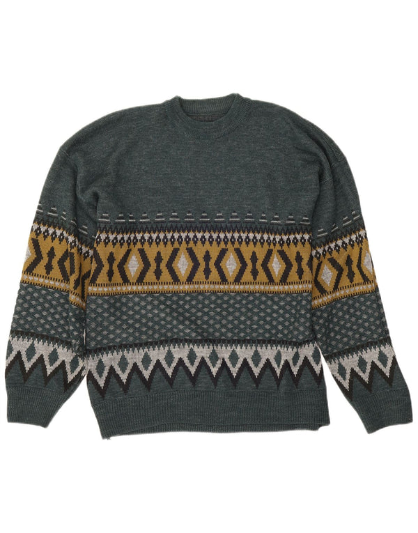 Suéter vintage masculino com gola redonda, grande verde geométrico