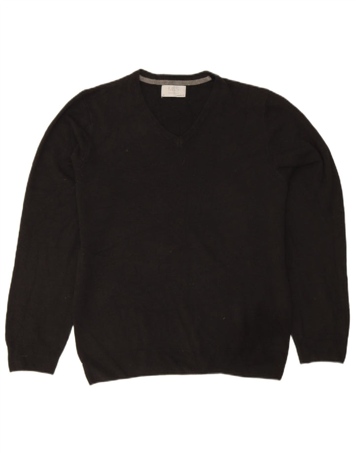 Suéter masculino Marks & Spencer com ajuste regular e decote em V, acrílico preto médio