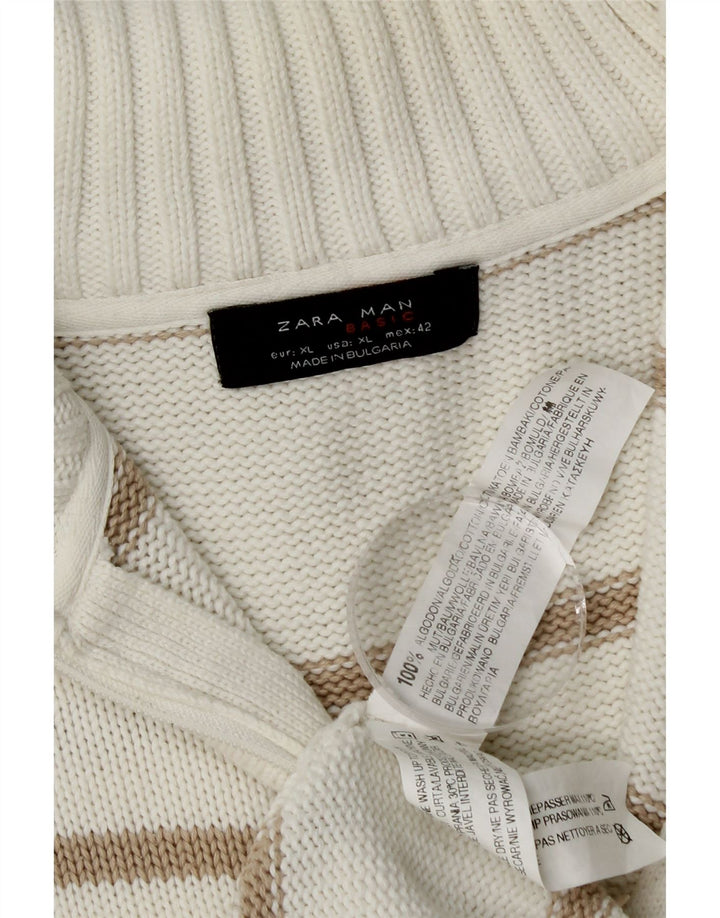 Suéter Zara Masculino Zip Cardigan XL Algodão Listrado Branco