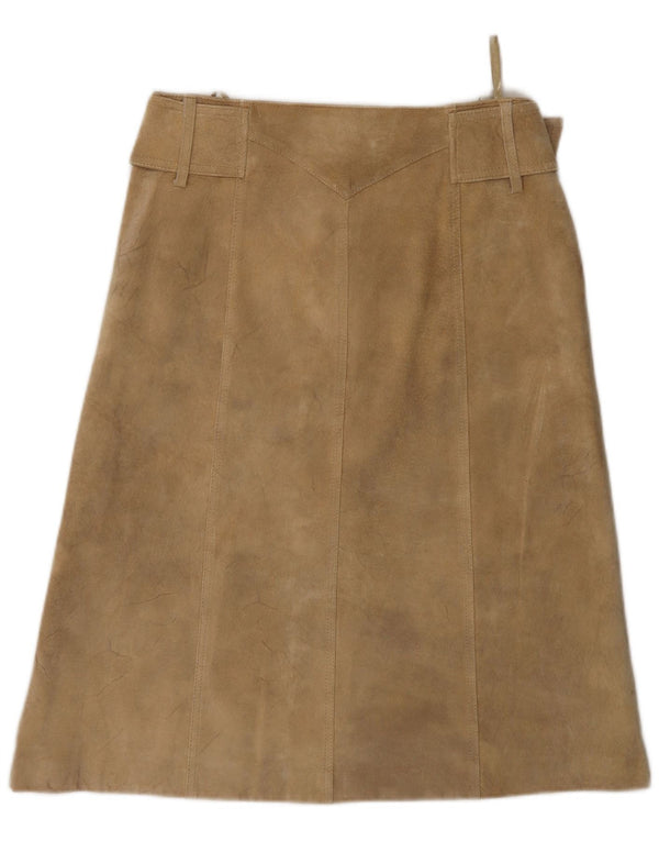 Saia feminina vintage de camurça Reino Unido 10 pequena W28 couro bege