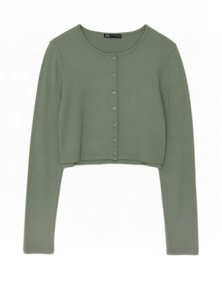 Zara Womens Crop Cardigan Top UK 12 Médio Verde Viscose
