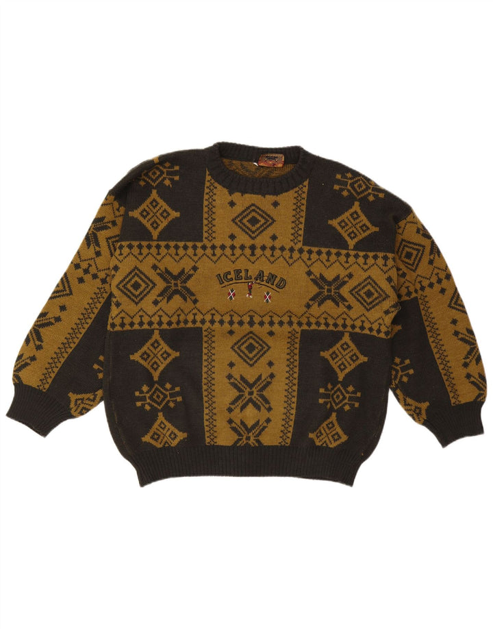 Suéter masculino Islândia com gola redonda grande cáqui Fair Isle