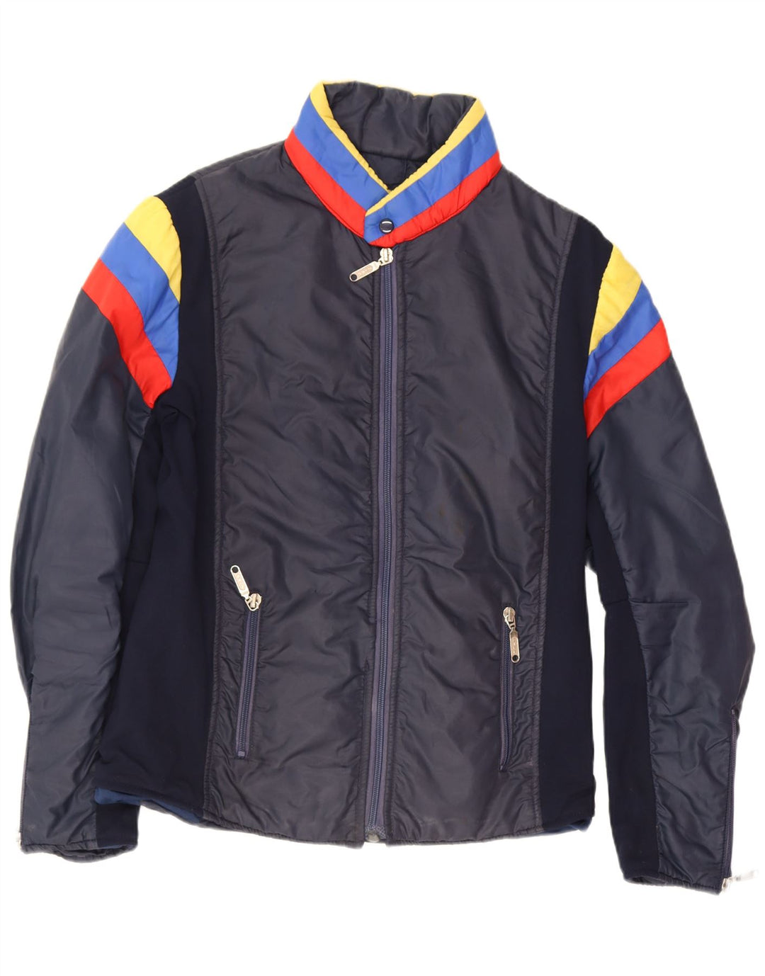 Jaqueta de esqui acolchoada masculina vintage tamanho 50 azul marinho médio colorblock retrô