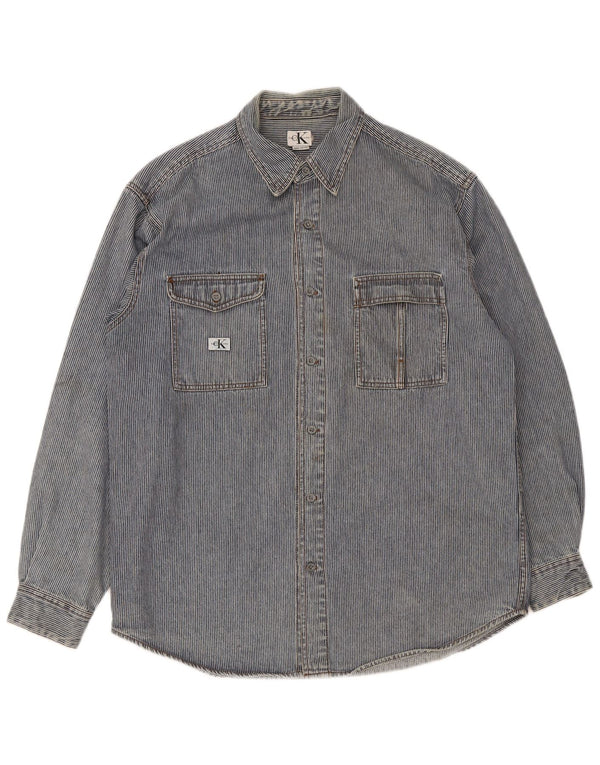 Camisa masculina Calvin Klein Jeans grande listrada azul de algodão