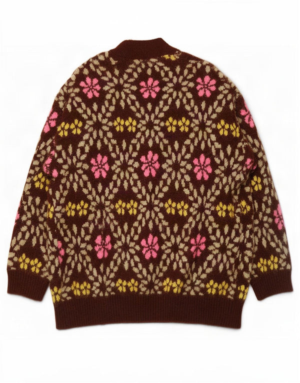 Zara Suéter Cardigan Oversized Feminino Reino Unido 12 Poliéster Floral Marrom Médio