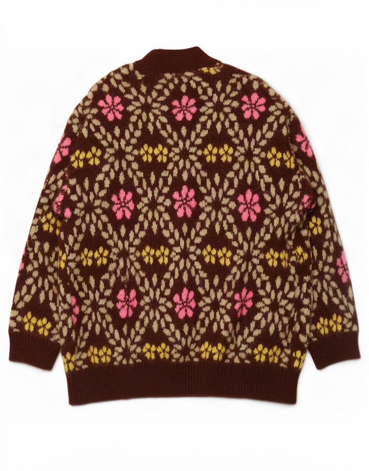 Zara Suéter Cardigan Oversized Feminino Reino Unido 12 Poliéster Floral Marrom Médio